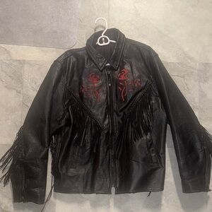 Black Rose Genuine Leather Thick Corset Fringe Jacket with Red Embroidery